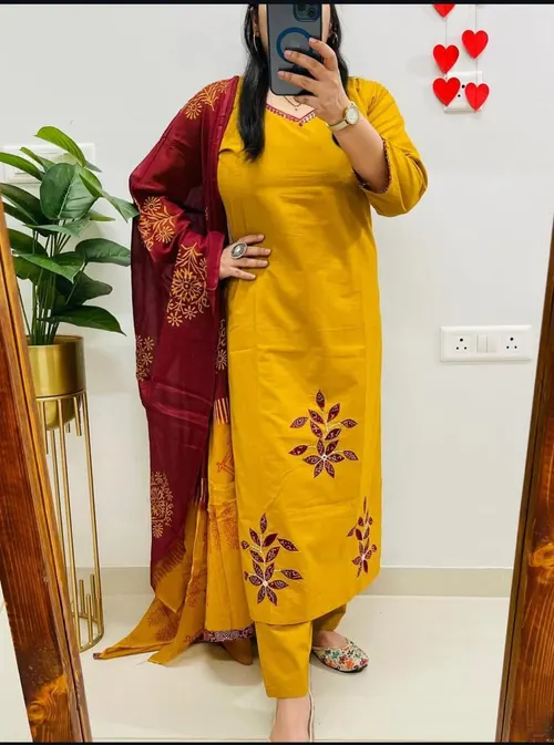 Elegant Floral Embroidered Pure Cotton Kurti Set with Matching Dupatta